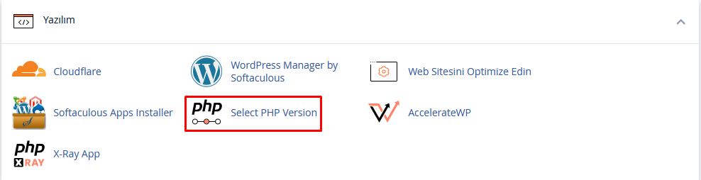 cPanel PHP Selector, Yazılım bölümünde bulunur. Select PHP Version butonuna tıklayarak PHP Selector sayfasına geçiş yapabilirsiniz.