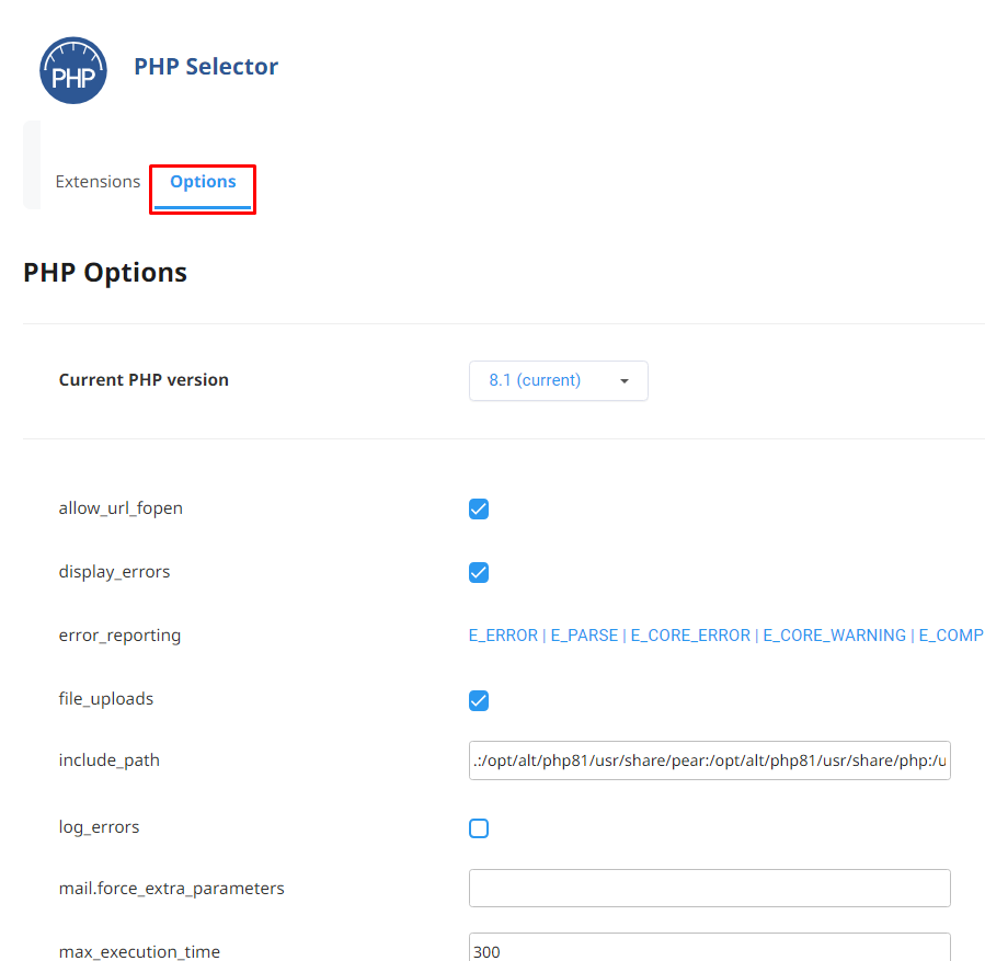 PHP ayarları PHP Selector sayfasındaki Options sekmesinde yer almaktadır. 
